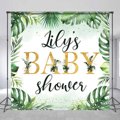 Aperturee - Aperturee Personalized Tropical Baby Shower Backdrop Wild Jungle with Greenery and Gold Custom Name Safari Party Decor
