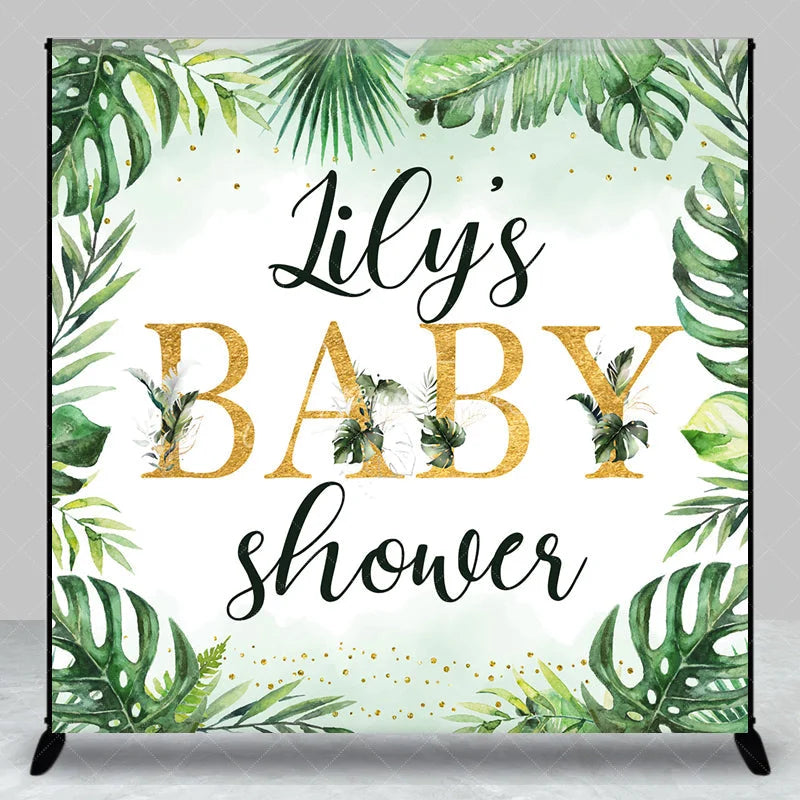 Aperturee - Aperturee Personalized Tropical Baby Shower Backdrop Wild Jungle with Greenery and Gold Custom Name Safari Party Decor