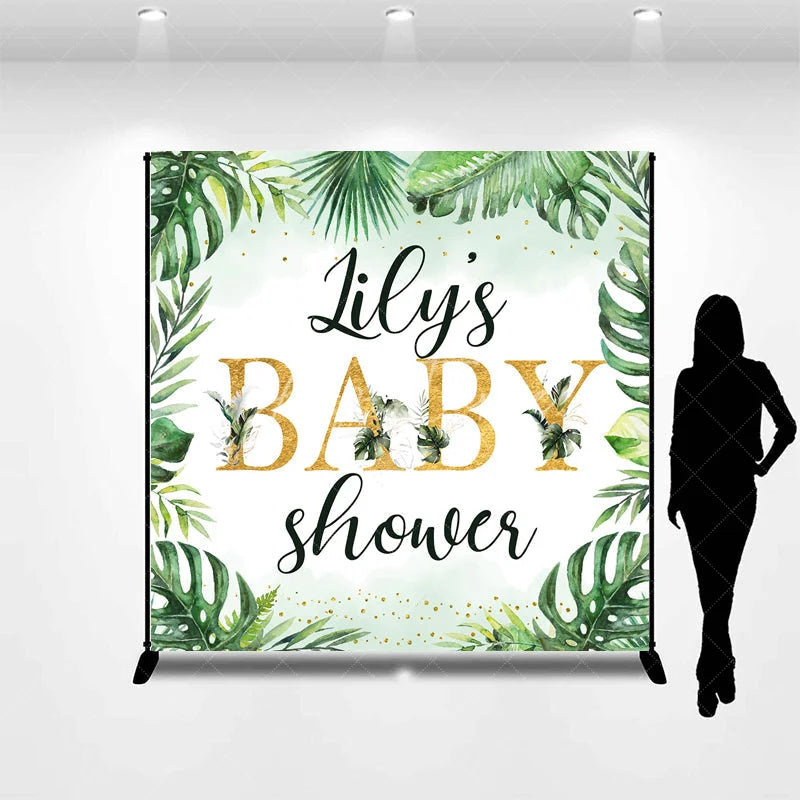 Aperturee - Aperturee Personalized Tropical Baby Shower Backdrop Wild Jungle with Greenery and Gold Custom Name Safari Party Decor