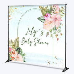 Aperturee - Aperturee Personalized Tropical Floral Baby Shower Backdrop Aloha Luau Palm Leaves and Anthurium Theme Custom Name Arch Banner