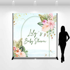 Aperturee - Aperturee Personalized Tropical Floral Baby Shower Backdrop Aloha Luau Palm Leaves and Anthurium Theme Custom Name Arch Banner
