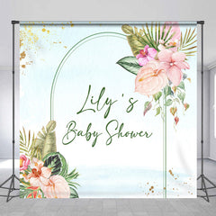Aperturee - Aperturee Personalized Tropical Floral Baby Shower Backdrop Aloha Luau Palm Leaves and Anthurium Theme Custom Name Arch Banner