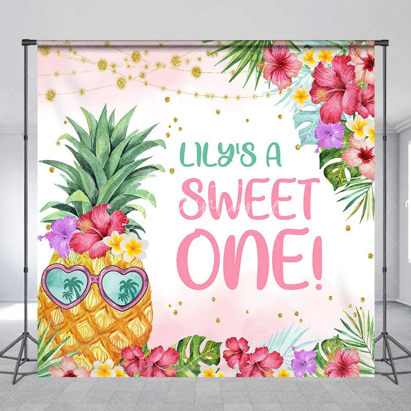 Aperturee - Aperturee Personalized Tropical Pineapple Sweet One Backdrop with Hibiscus Flowers and Palm Leaves First Birthday Party Decor