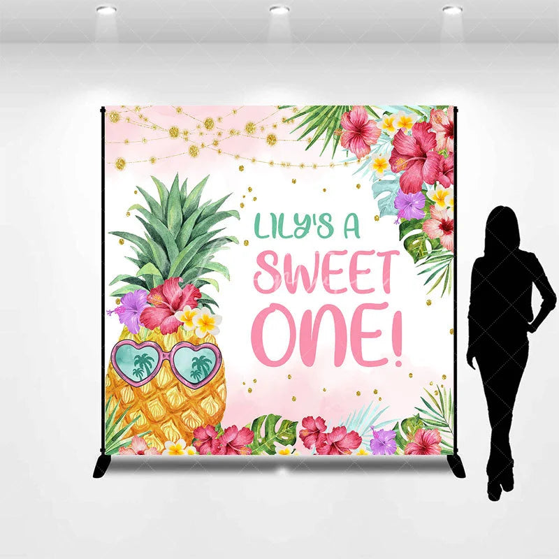Aperturee - Aperturee Personalized Tropical Pineapple Sweet One Backdrop with Hibiscus Flowers and Palm Leaves First Birthday Party Decor