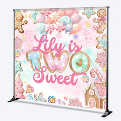 Aperturee - Aperturee Personalized Two Sweet 2nd Birthday Backdrop Candyland Gingerbread and Lollipop Theme Winter Sweet Shoppe Party Decor