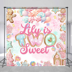 Aperturee - Aperturee Personalized Two Sweet 2nd Birthday Backdrop Candyland Gingerbread and Lollipop Theme Winter Sweet Shoppe Party Decor