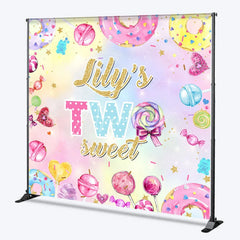 Aperturee - Aperturee Personalized Two Sweet Birthday Backdrop Candyland Donut and Lollipop Theme Custom Name 2nd Birthday Party for Girl