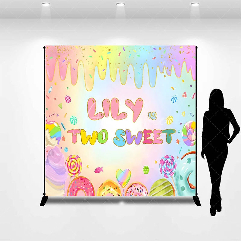 Aperturee - Aperturee Personalized Two Sweet Candy World Backdrop Custom Name Pastel Rainbow Donut Party Banner