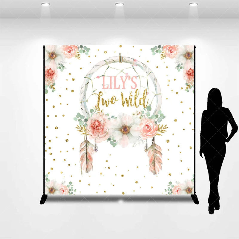 Aperturee - Aperturee Personalized Two Wild 2nd Birthday Backdrop Boho Floral Dreamcatcher Theme Custom Name Party Decor for Girl