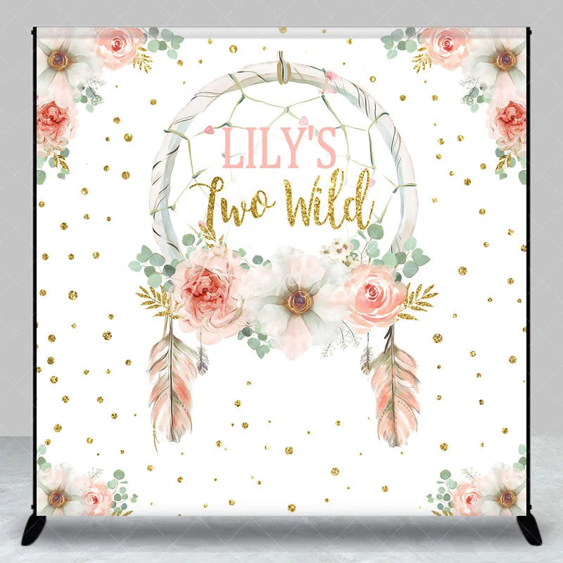 Aperturee - Aperturee Personalized Two Wild 2nd Birthday Backdrop Boho Floral Dreamcatcher Theme Custom Name Party Decor for Girl