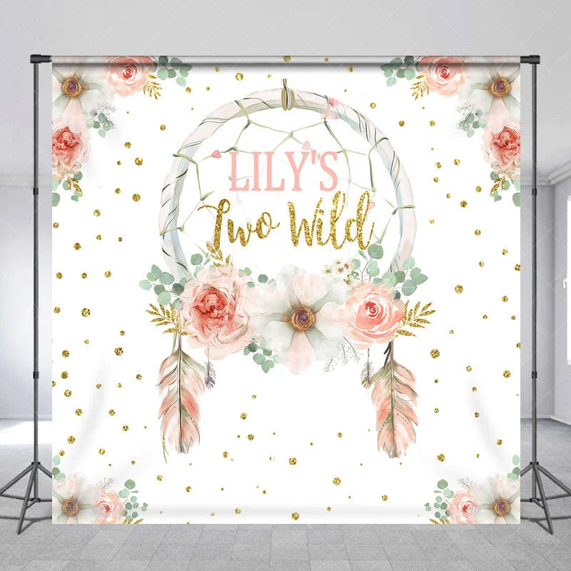 Aperturee - Aperturee Personalized Two Wild 2nd Birthday Backdrop Boho Floral Dreamcatcher Theme Custom Name Party Decor for Girl