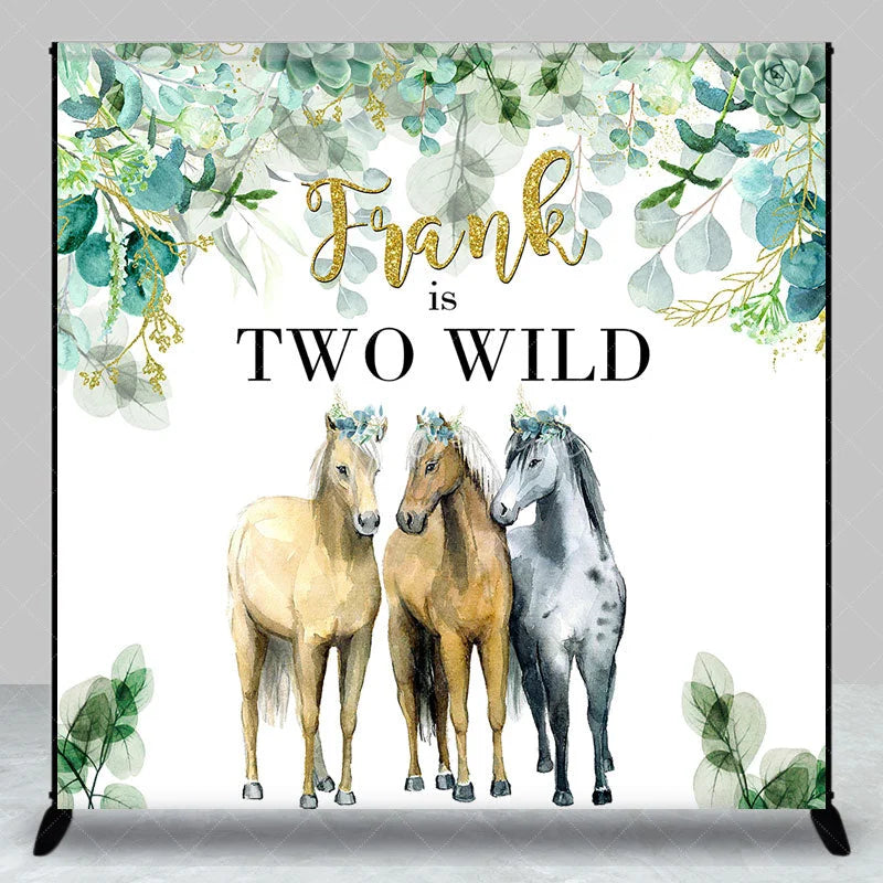 Aperturee - Aperturee Personalized Two Wild Birthday Backdrop with Horses Eucalyptus Greenery Custom Name Boho 2nd Birthday Party Decor