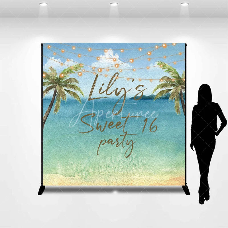 Aperturee - Aperturee Personalized Watercolor Tropical Beach Custom Backdrop Sweet 16 Party with Palm Trees and String Lights