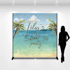 Aperturee - Aperturee Personalized Watercolor Tropical Beach Custom Backdrop Sweet 16 Party with Palm Trees and String Lights