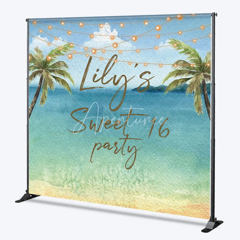 Aperturee - Aperturee Personalized Watercolor Tropical Beach Custom Backdrop Sweet 16 Party with Palm Trees and String Lights