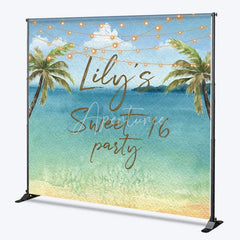 Aperturee - Aperturee Personalized Watercolor Tropical Beach Custom Backdrop Sweet 16 Party with Palm Trees and String Lights