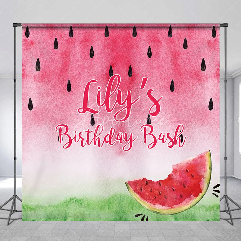 Aperturee - Aperturee Personalized Watermelon Birthday Bash Custom Backdrop Vibrant Pink and Green Summer Party Decor
