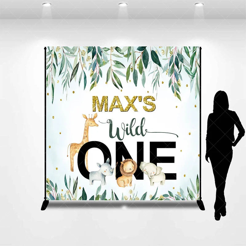 Aperturee - Aperturee Personalized Wild One Custom Birthday Backdrop Watercolor Jungle Animals and Green Leaves 1st Birthday Decor
