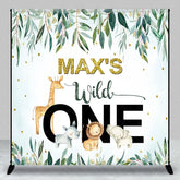 Aperturee - Aperturee Personalized Wild One Custom Birthday Backdrop Watercolor Jungle Animals and Green Leaves 1st Birthday Decor