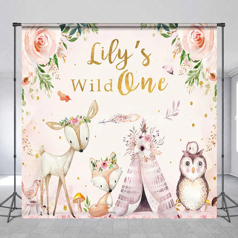 Aperturee - Aperturee Personalized Wild One First Birthday Backdrop Boho Woodland Animals with Fox and Deer Custom Name Party for Girl
