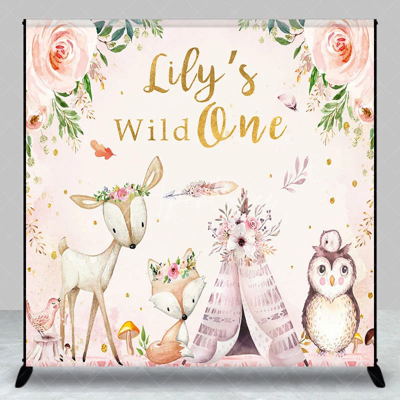 Aperturee - Aperturee Personalized Wild One First Birthday Backdrop Boho Woodland Animals with Fox and Deer Custom Name Party for Girl