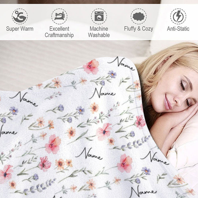Aperturee - Aperturee Personalized Wildflower Floral Blanket with Custom Name Botanical Meadow for Baby Girl Nursery Decor Gift