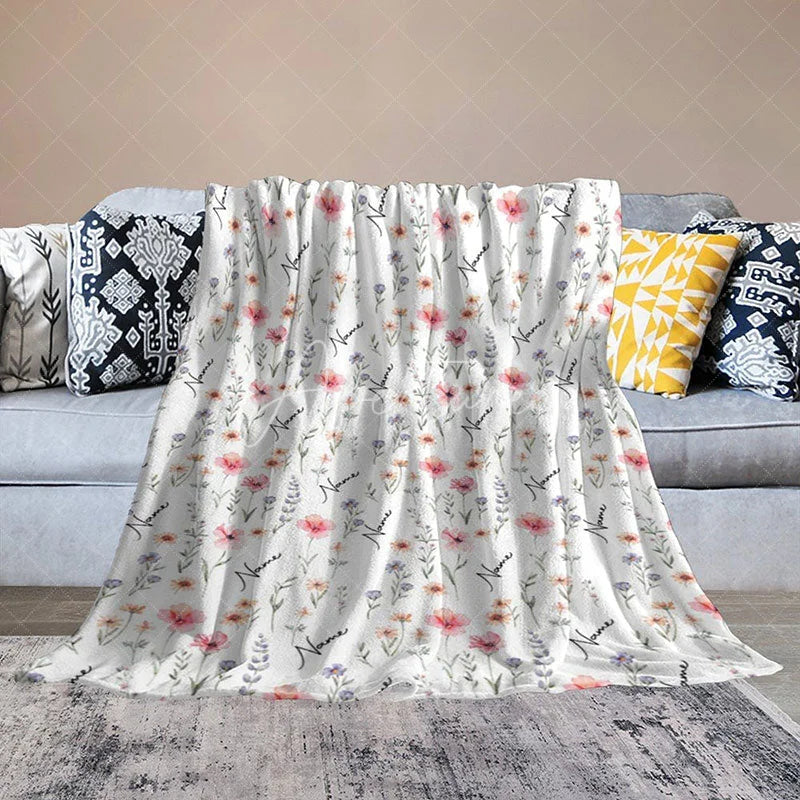 Aperturee - Aperturee Personalized Wildflower Floral Blanket with Custom Name Botanical Meadow for Baby Girl Nursery Decor Gift
