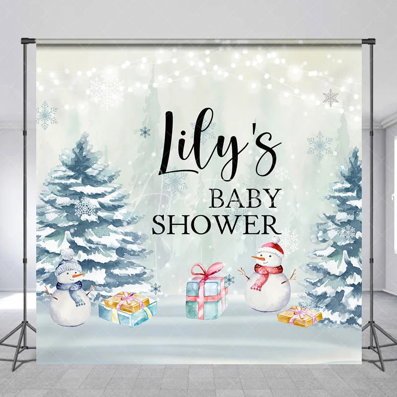 Aperturee - Aperturee Personalized Winter Baby Shower Backdrop Baby It’s Cold Outside Snowman Snowy Pine Trees Decor