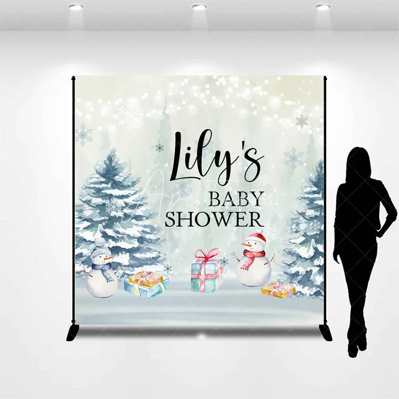 Aperturee - Aperturee Personalized Winter Baby Shower Backdrop Baby It’s Cold Outside Snowman Snowy Pine Trees Decor