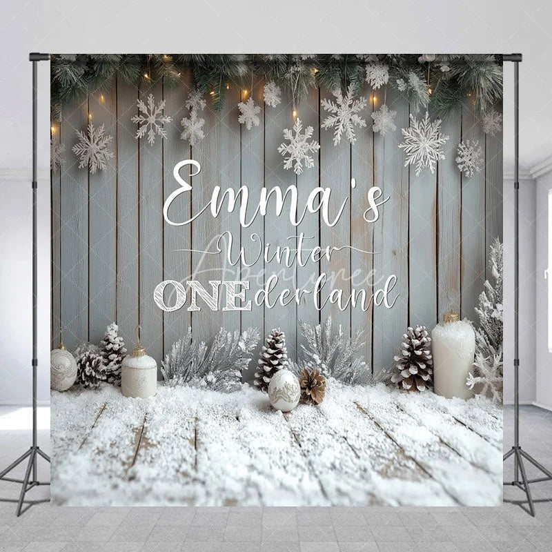 Aperturee - Aperturee Personalized Winter Onederland First Birthday Backdrop Rustic Snowy Wood Theme Custom Name Party Photo Booth