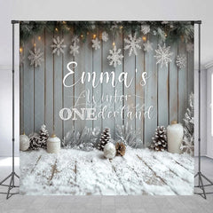 Aperturee - Aperturee Personalized Winter Onederland First Birthday Backdrop Rustic Snowy Wood Theme Custom Name Party Photo Booth