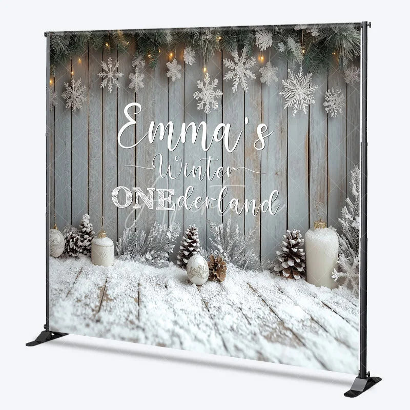 Aperturee - Aperturee Personalized Winter Onederland First Birthday Backdrop Rustic Snowy Wood Theme Custom Name Party Photo Booth