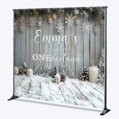 Aperturee - Aperturee Personalized Winter Onederland First Birthday Backdrop Rustic Snowy Wood Theme Custom Name Party Photo Booth
