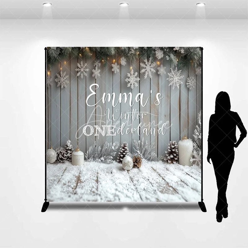 Aperturee - Aperturee Personalized Winter Onederland First Birthday Backdrop Rustic Snowy Wood Theme Custom Name Party Photo Booth