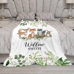 Aperturee - Aperturee Personalized Woodland Animals Blanket with Custom Name Fox Deer Raccoon Nursery Decor Baby Shower Gift