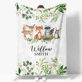Aperturee - Aperturee Personalized Woodland Animals Blanket with Custom Name Fox Deer Raccoon Nursery Decor Baby Shower Gift