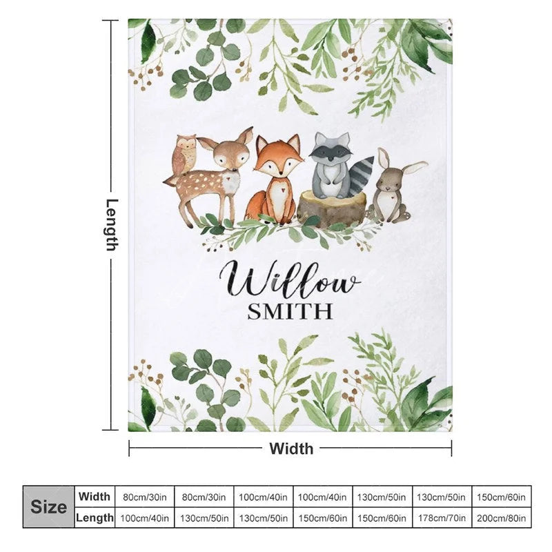 Aperturee - Aperturee Personalized Woodland Animals Blanket with Custom Name Fox Deer Raccoon Nursery Decor Baby Shower Gift