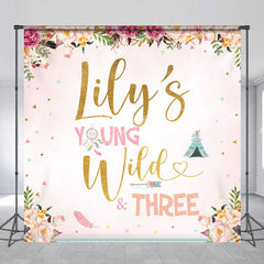 Aperturee - Aperturee Personalized Young Wild and Three Custom Backdrop Floral Boho Birthday Party Decor for Kids