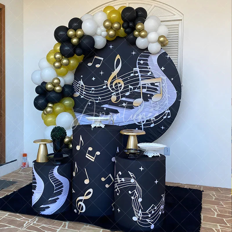 Aperturee - Aperturee Piano Keys and Golden Music Notes Round Backdrop Kit for Musician Birthday Recital Party Photo Booth Decor