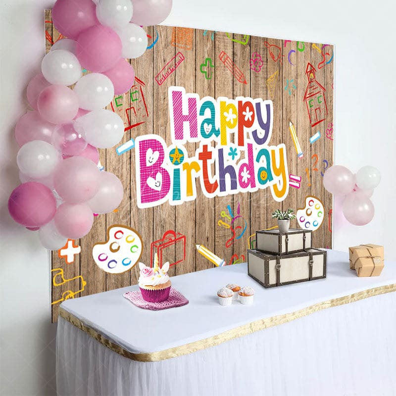 Aperturee - Aperturee Pictorial Graffiti Wooden Happy Birthday Backdrop