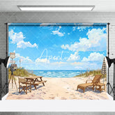 Aperturee - Aperturee Picturesque Blue Sky Beach Ocean Photography Backdrop Lounge Chair and Vintage Camera Summer Vacation Scene