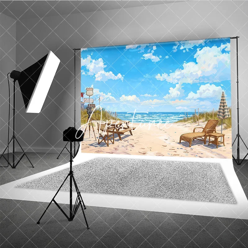 Aperturee - Aperturee Picturesque Blue Sky Beach Ocean Photography Backdrop Lounge Chair and Vintage Camera Summer Vacation Scene