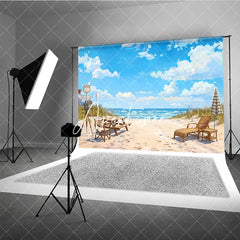 Aperturee - Aperturee Picturesque Blue Sky Beach Ocean Photography Backdrop Lounge Chair and Vintage Camera Summer Vacation Scene