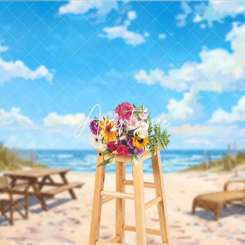 Aperturee - Aperturee Picturesque Blue Sky Beach Ocean Photography Backdrop Lounge Chair and Vintage Camera Summer Vacation Scene