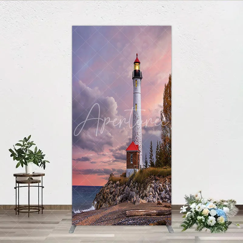 Aperturee - Aperturee Picturesque Lighthouse and Ocean Sunset Rectangle Arch Backdrop Coastal Rocky Beach Photography Prop with Autumn Trees