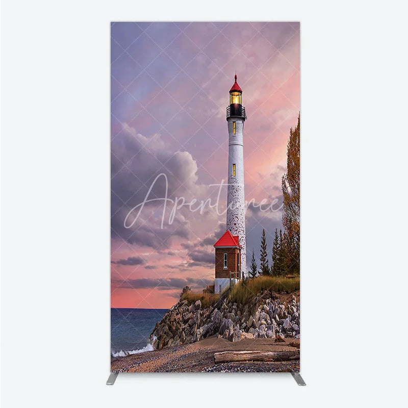 Aperturee - Aperturee Picturesque Lighthouse and Ocean Sunset Rectangle Arch Backdrop Coastal Rocky Beach Photography Prop with Autumn Trees