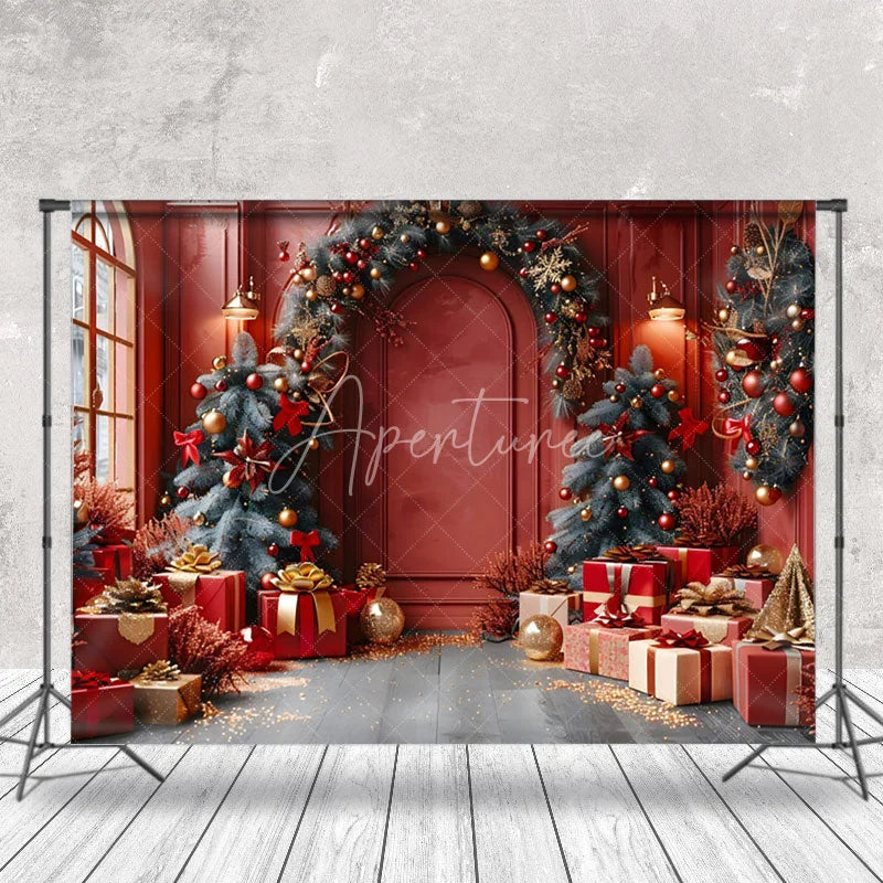Aperturee - Aperturee Pine Leaves Arch Retro Red Room Christmas Backdrop