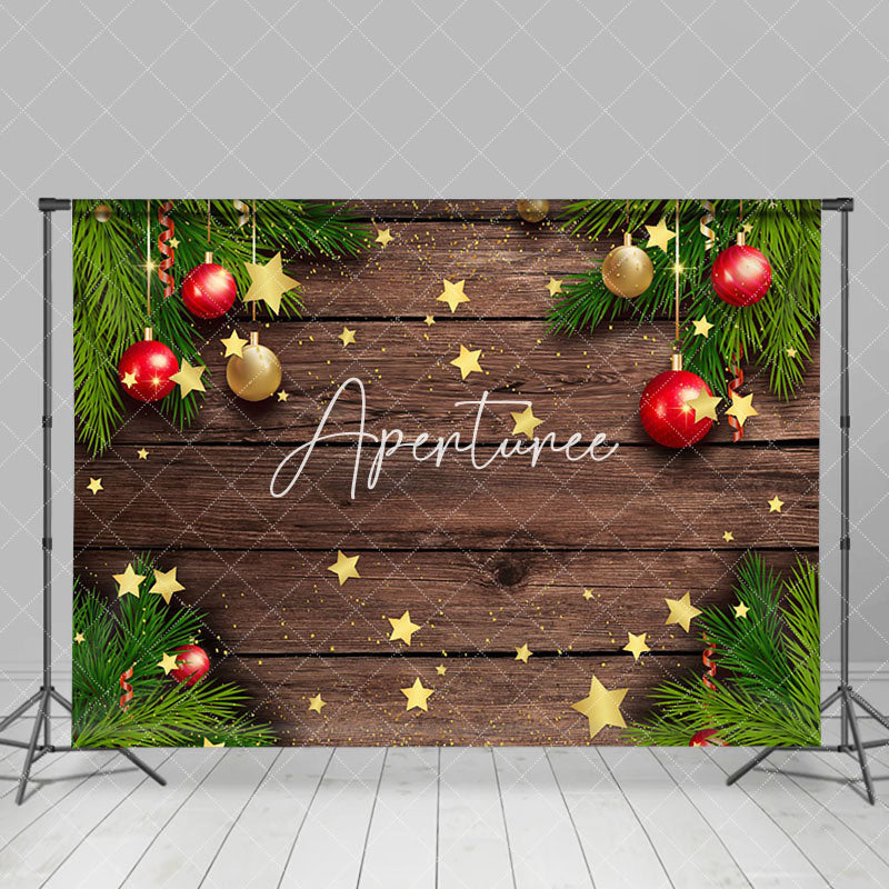 Aperturee - Aperturee Pine Leaves Star Glitter Wooden Christmas Backdrop