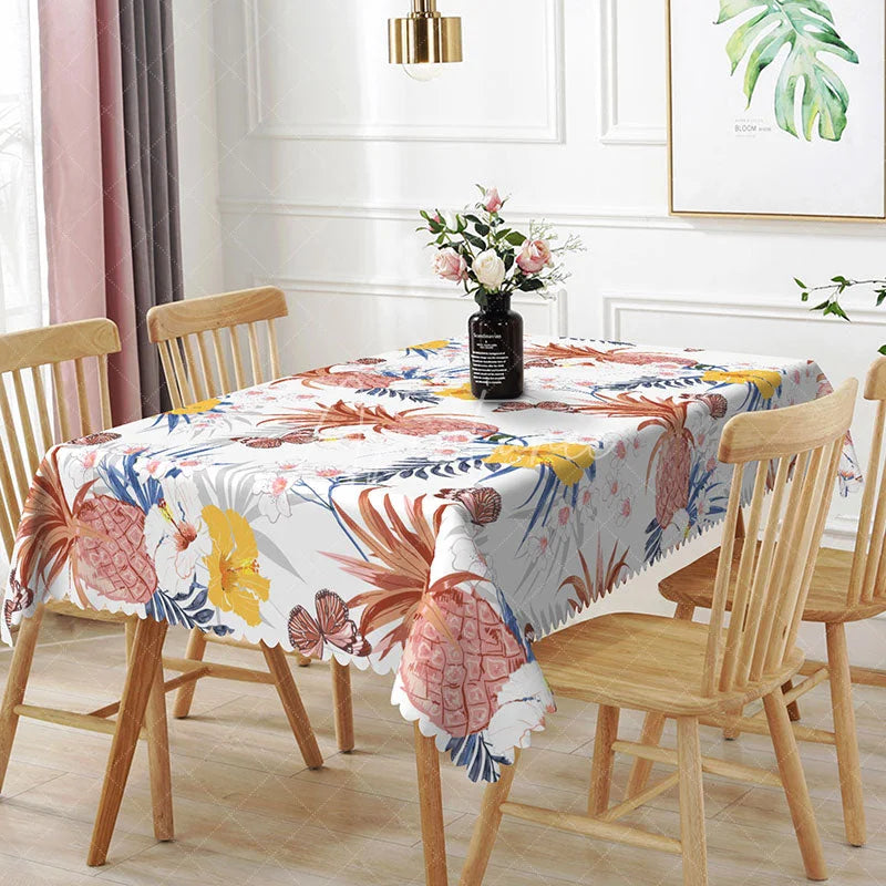 Aperturee - Aperturee Pineapple and Hibiscus Rectangle Tablecloth Tropical Floral and Butterfly Table Cover Summer Party Decor