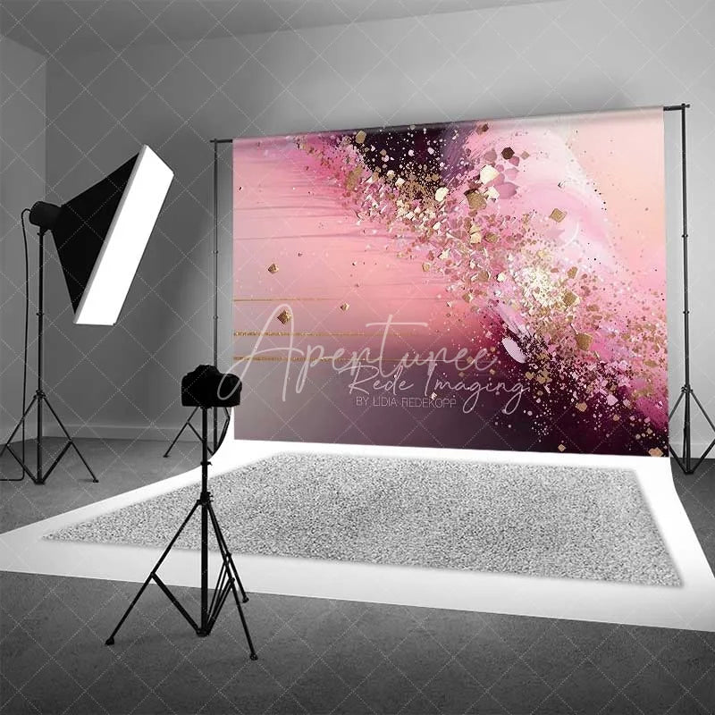 Aperturee - Aperturee Pink and Black Abstract Fluid Art Backdrop Gold Speckles Photography Background Modern Party Decor